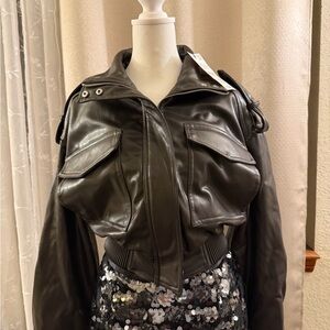 Zara Cropped Black Leather Jacket with Flap Pockets